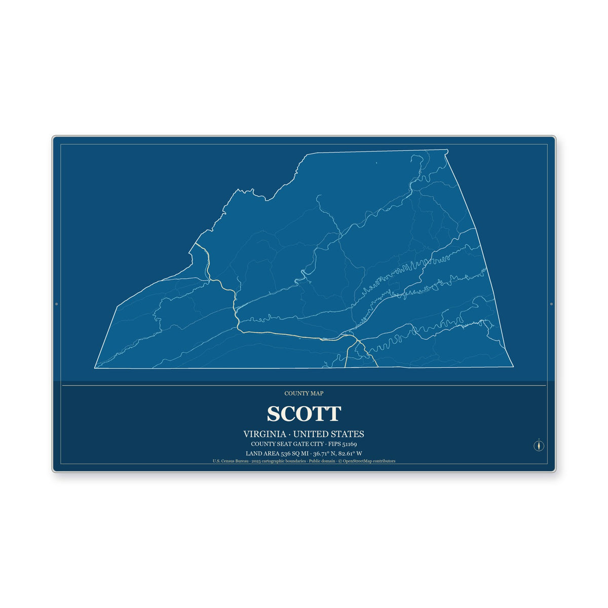 Scott County, Virginia Map Aluminum Sign in Harbor Cobalt style