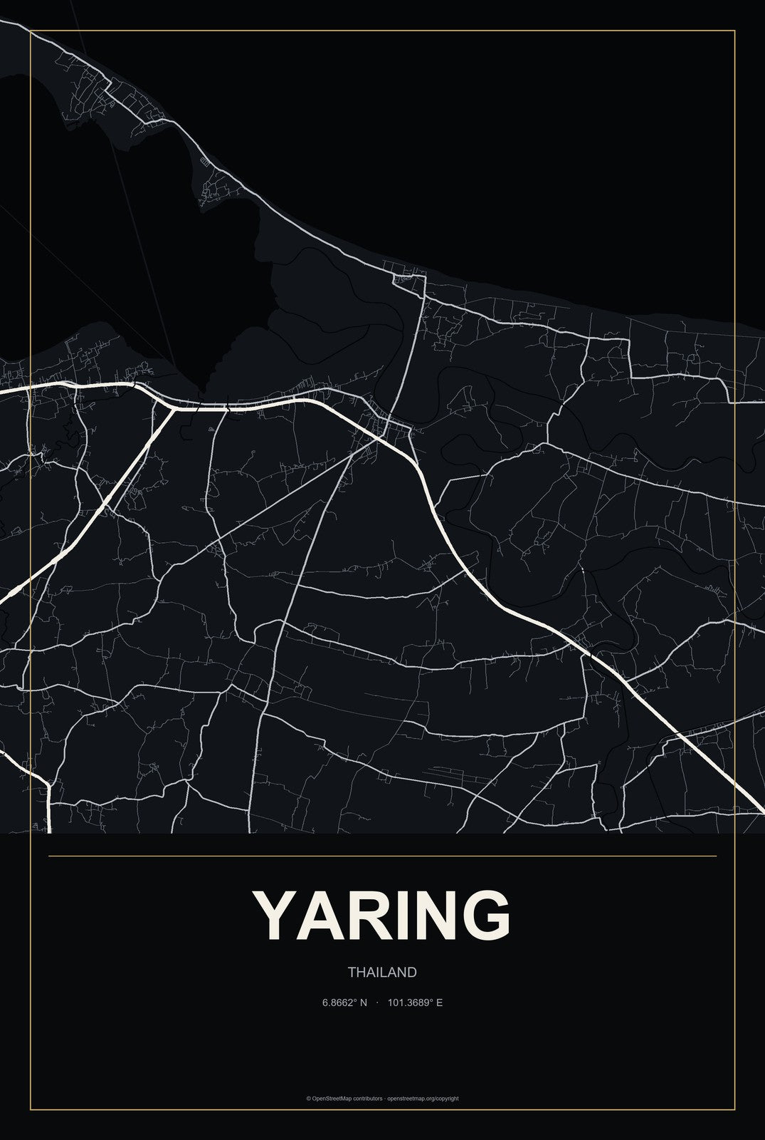 Yaring, Thailand City Map Aluminum Sign in Metropolitan Noir style