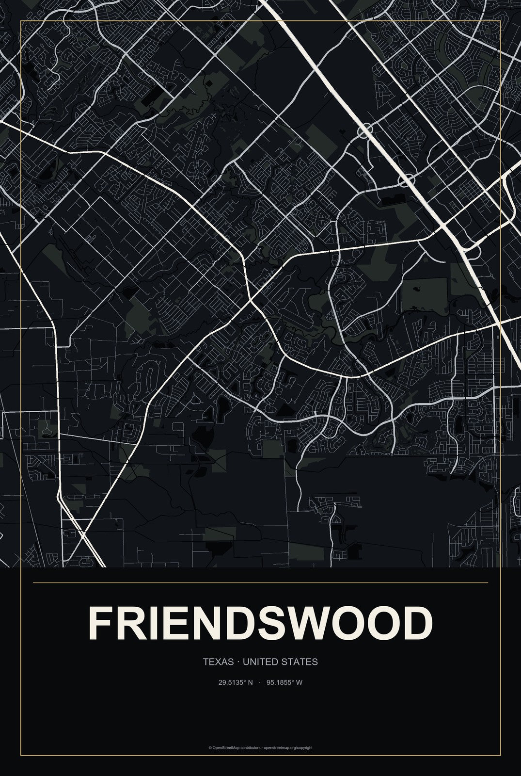 Friendswood, Texas City Map Aluminum Sign in Metropolitan Noir style