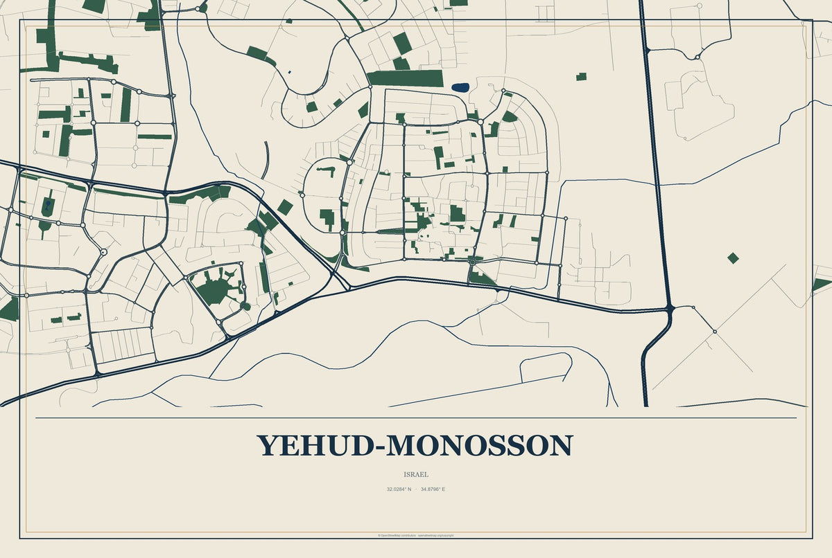 Yehud-Monosson, Israel City Map Aluminum Sign in Coastal Cutout style
