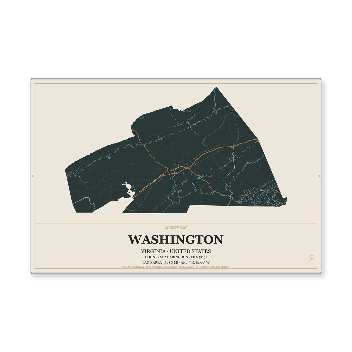 Washington County, Virginia Map Aluminum Sign in Headline Atlas style