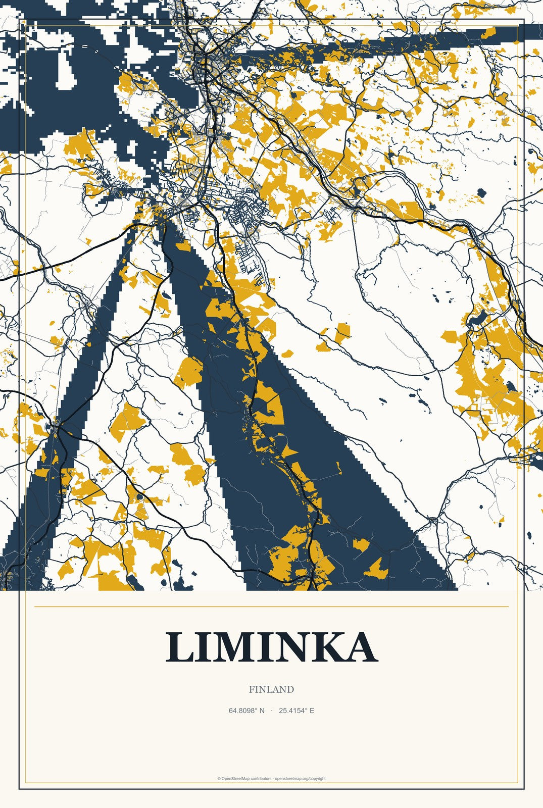 Liminka, Finland City Map Aluminum Sign in Citrine Modern style