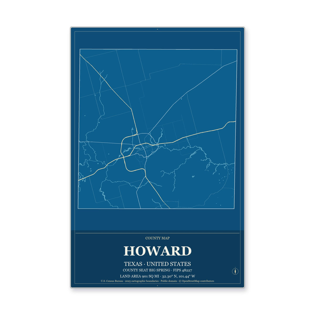 Howard County, Texas Map Aluminum Sign in Harbor Cobalt style