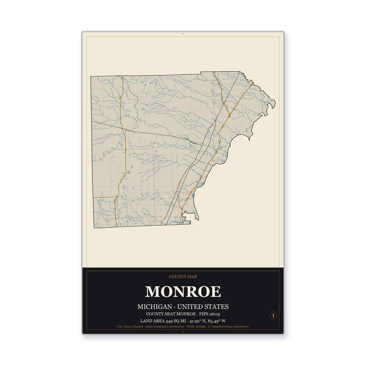 Monroe County, Michigan Map Aluminum Sign in Museum Plaque style