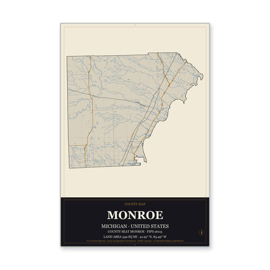 Monroe County, Michigan Map Aluminum Sign in Museum Plaque style