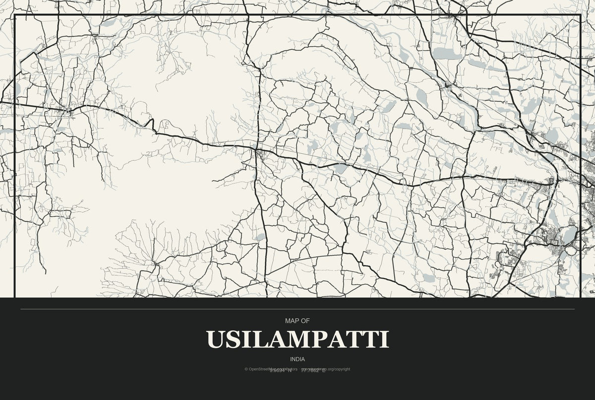 Usilampatti, India City Map Aluminum Sign in Museum Plaque style