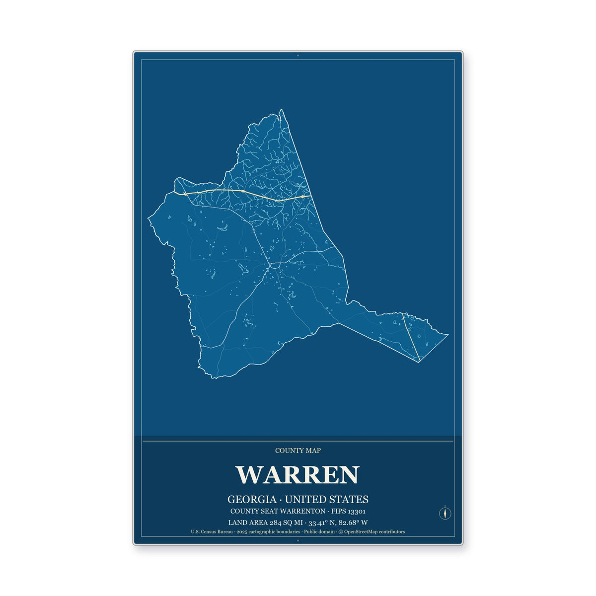Warren County, Georgia Map Aluminum Sign in Harbor Cobalt style