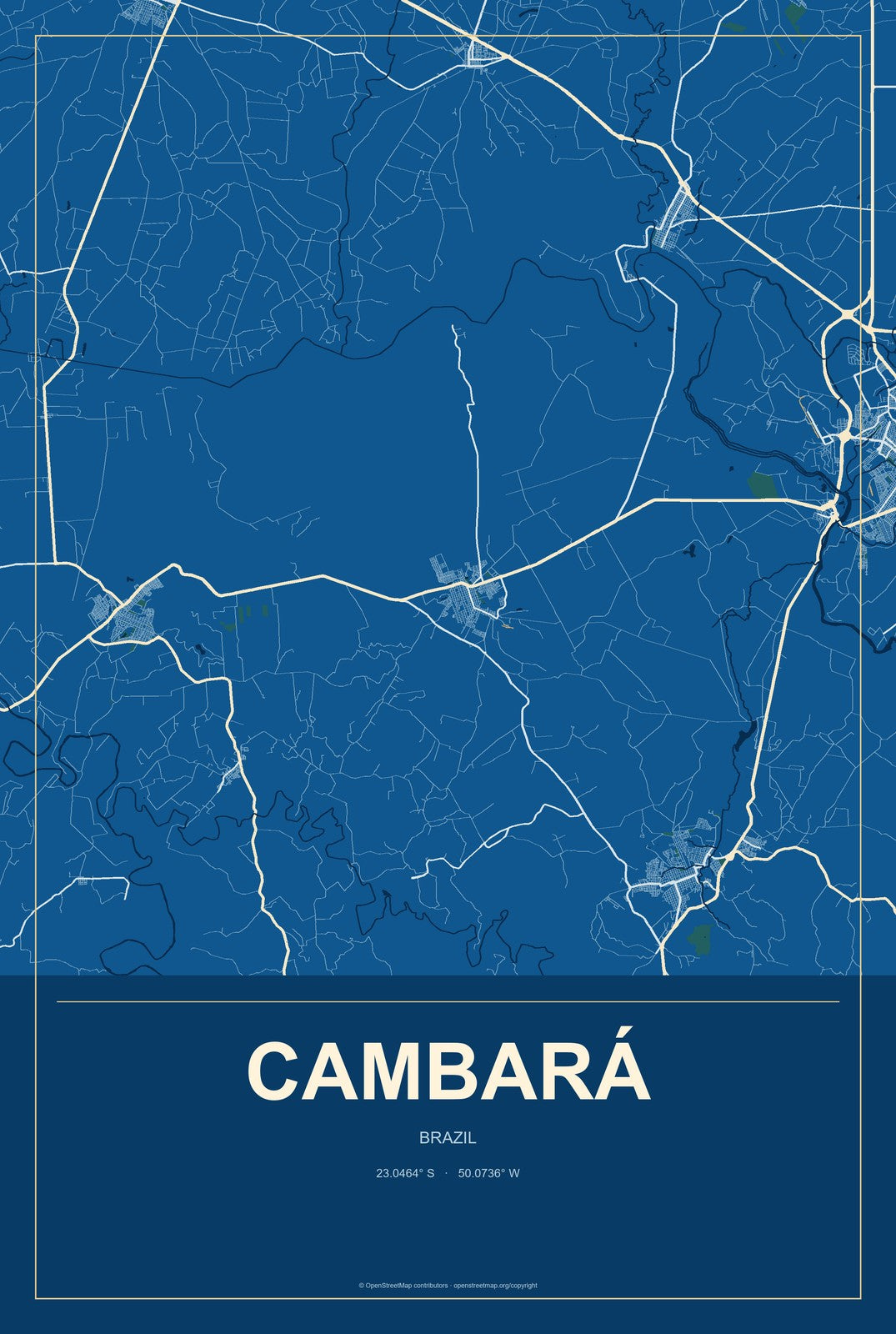 Cambará, Brazil City Map Aluminum Sign in Harbor Cobalt style
