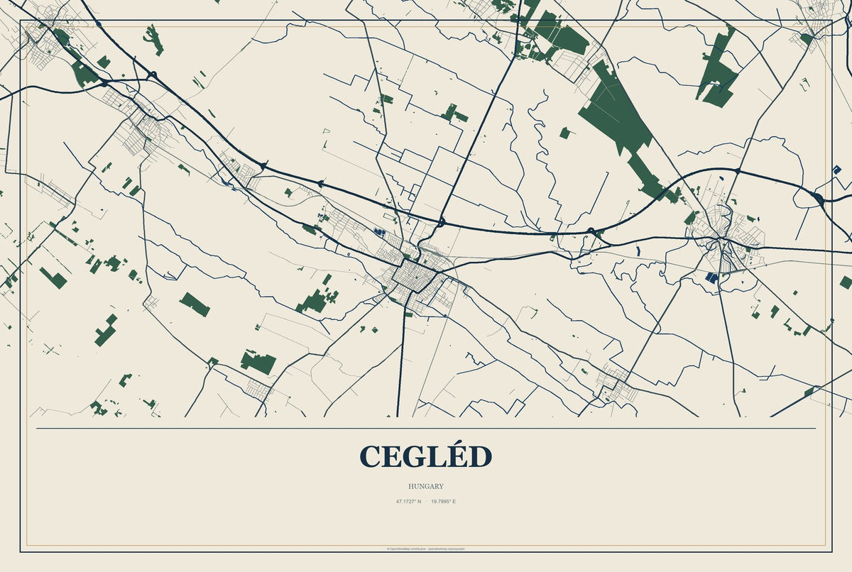 Cegléd, Hungary City Map Aluminum Sign in Coastal Cutout style
