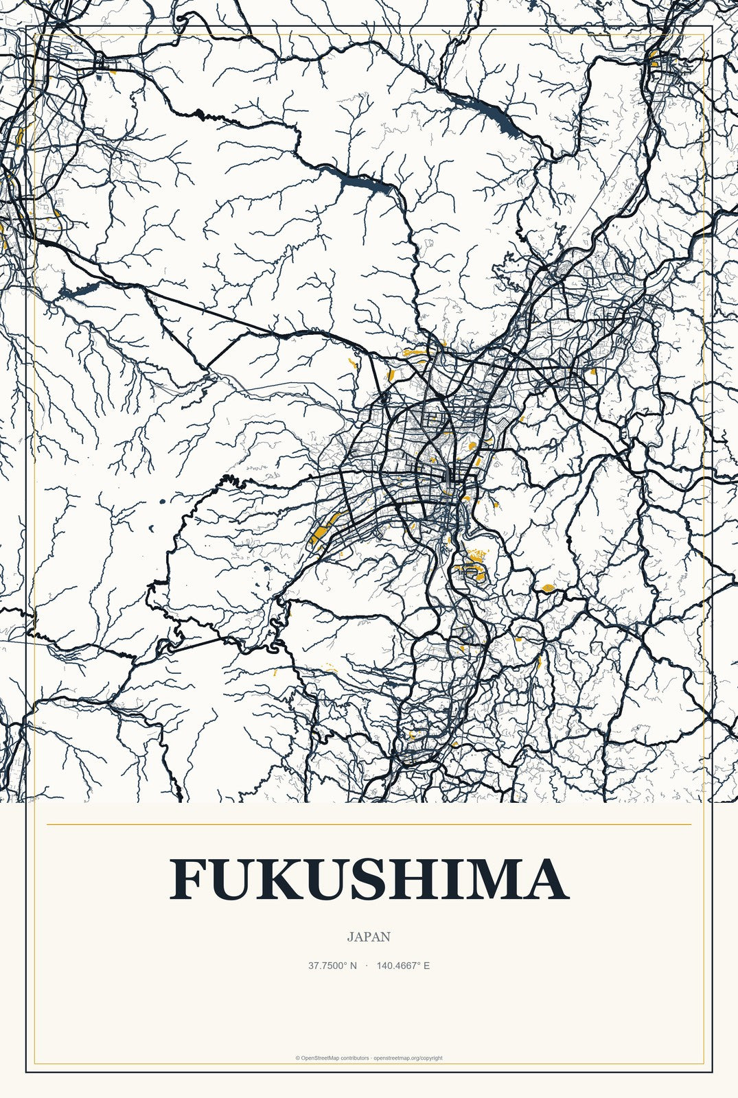 Fukushima, Japan City Map Aluminum Sign in Citrine Modern style