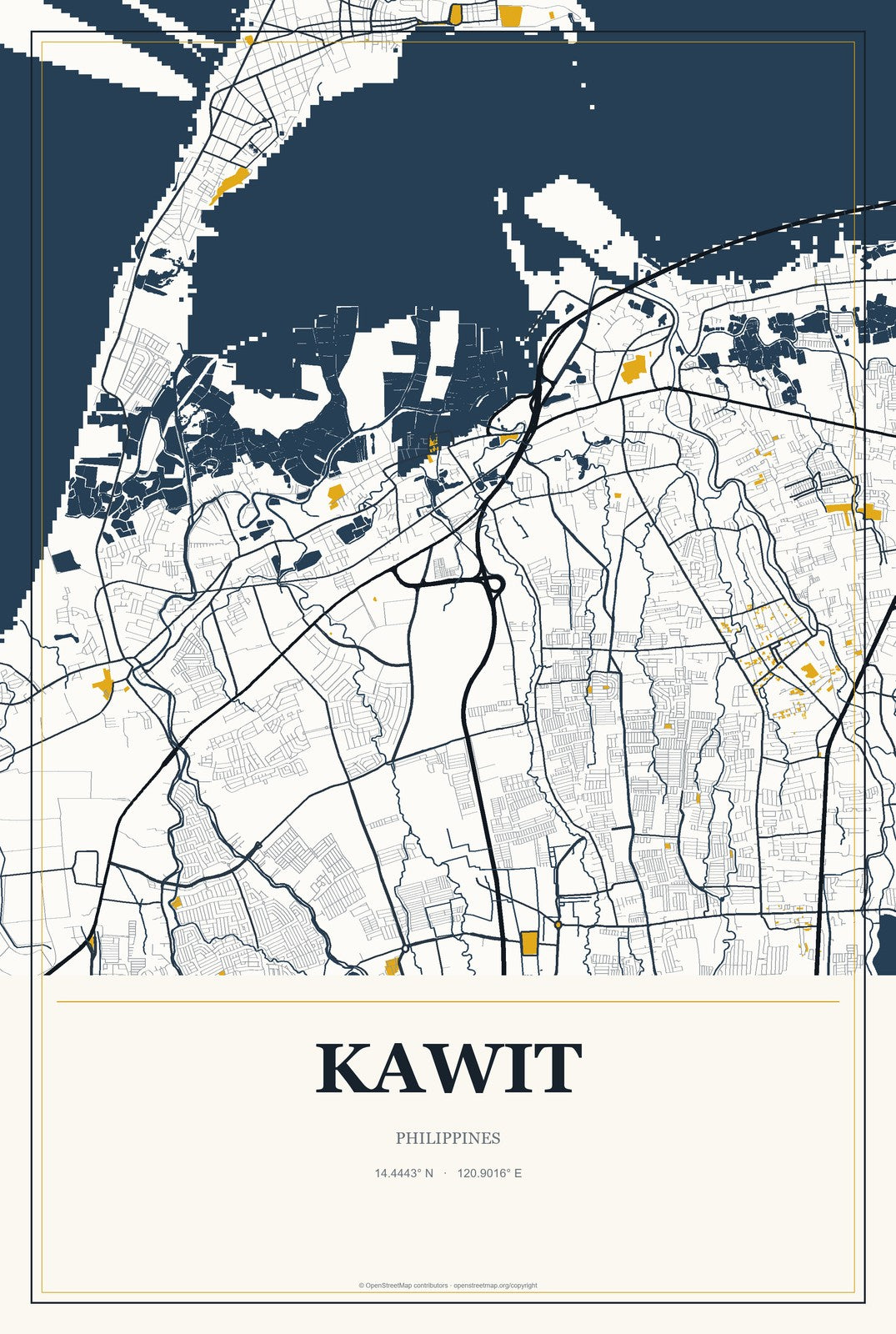 Kawit, Philippines City Map Aluminum Sign in Citrine Modern style