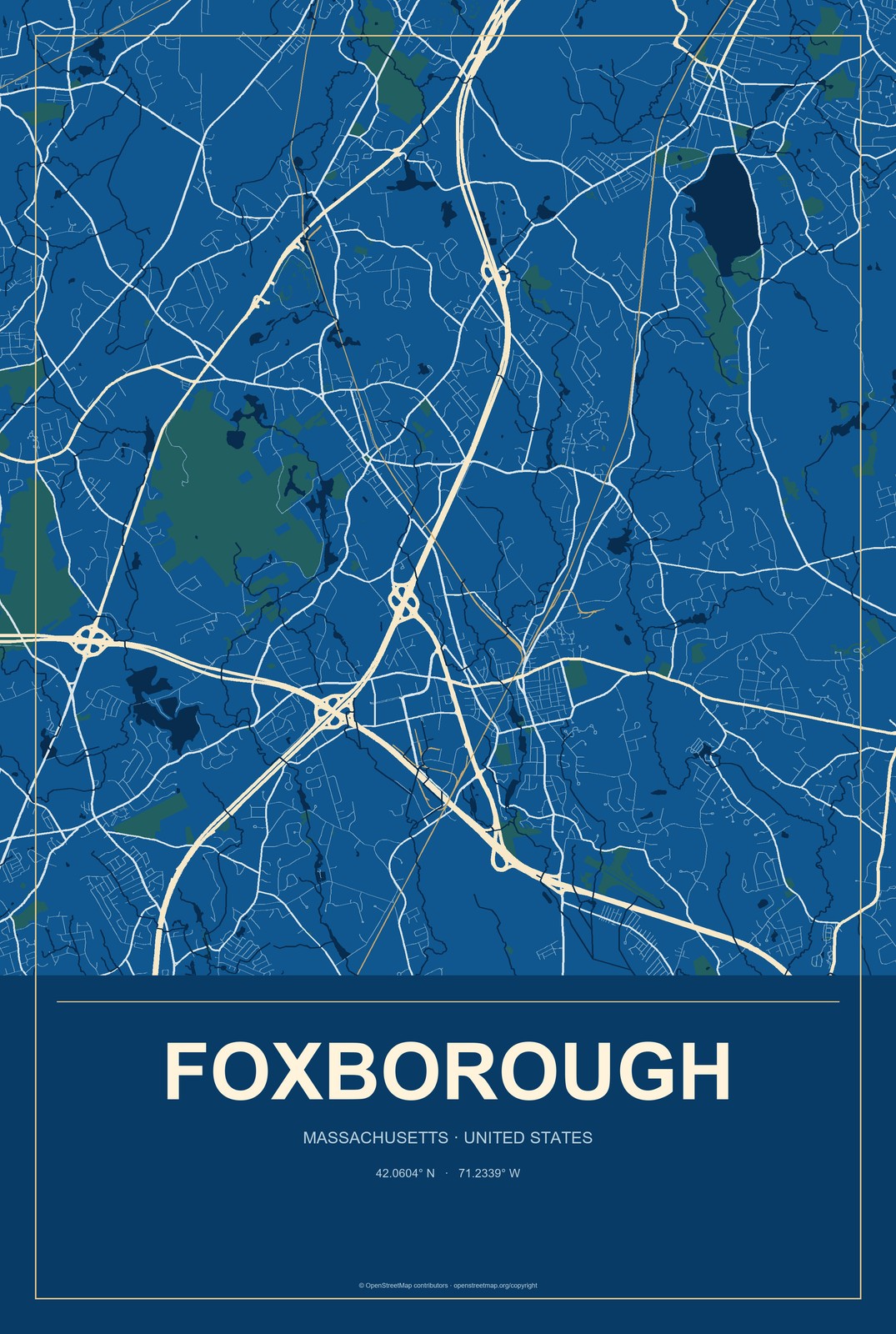 Foxborough, Massachusetts City Map Aluminum Sign in Harbor Cobalt style