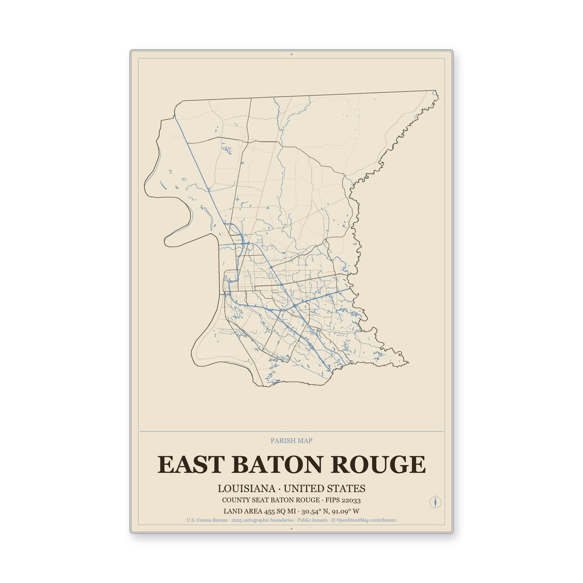 East Baton Rouge Parish, Louisiana Map Aluminum Sign in Heritage Nautical style