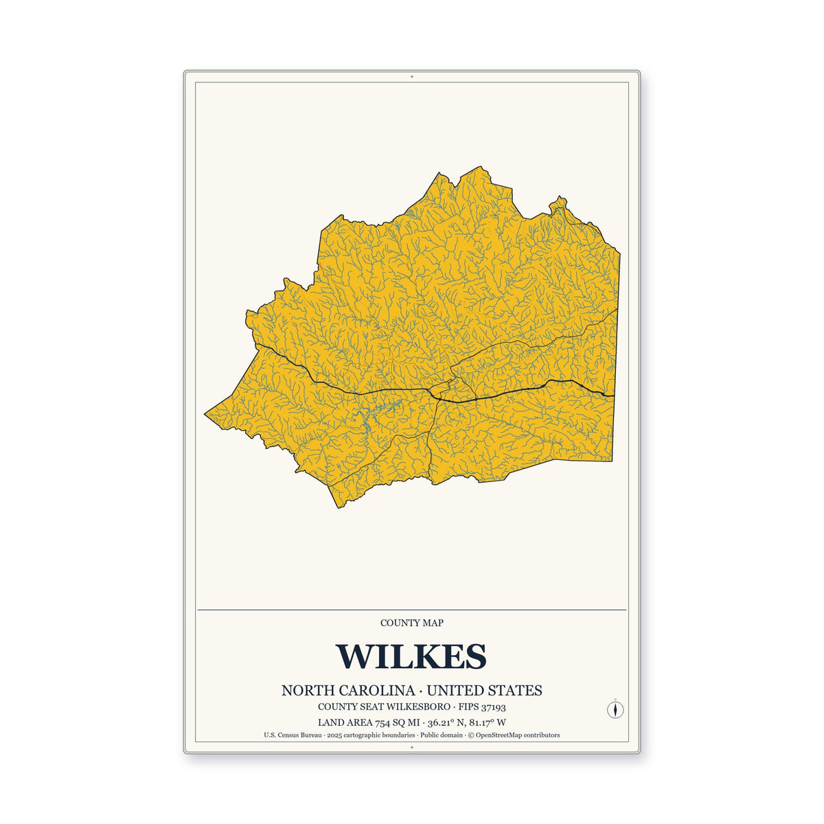 Wilkes County, North Carolina Map Aluminum Sign in Citrine Modern style