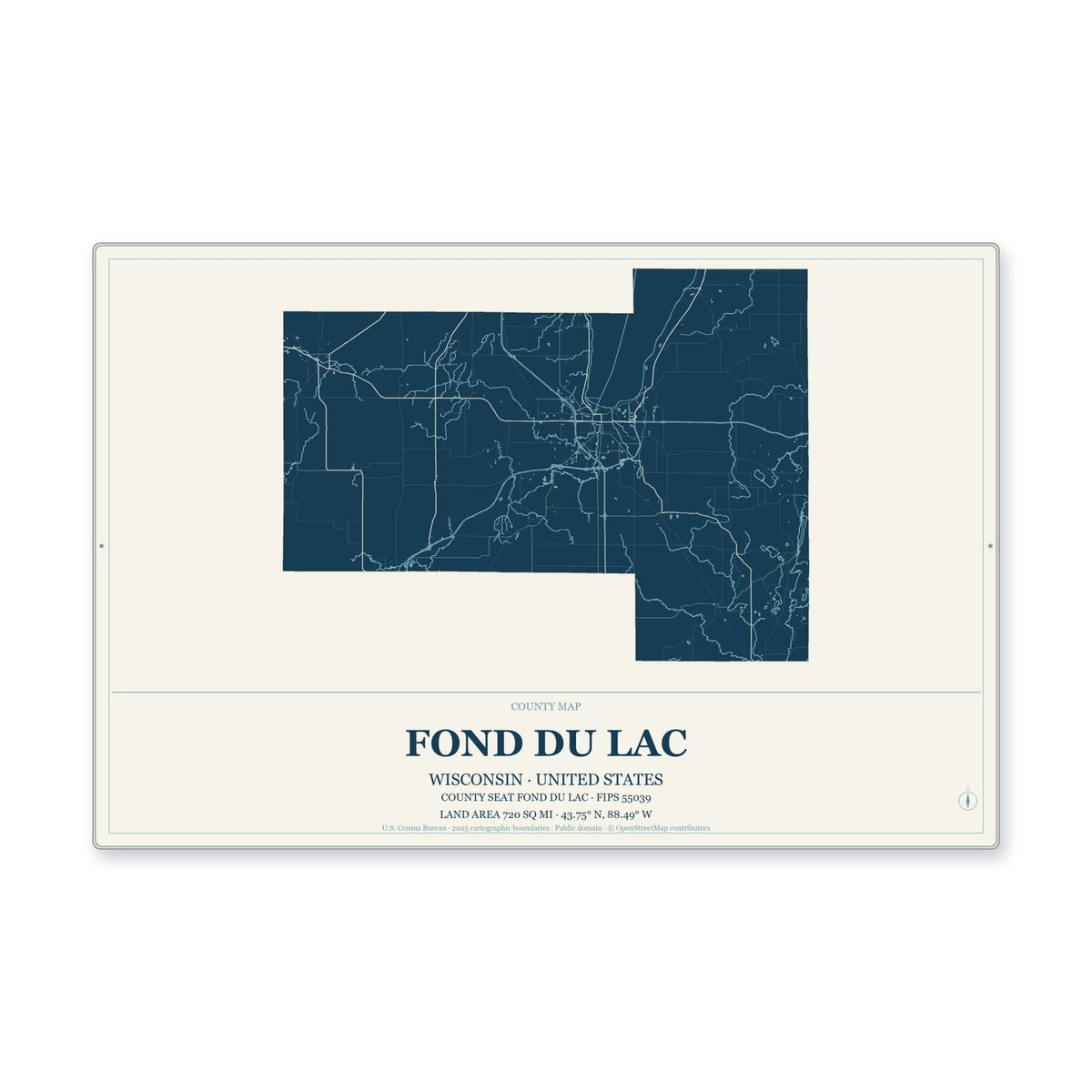 Fond du Lac County, Wisconsin Map Aluminum Sign in Coastal Cutout style