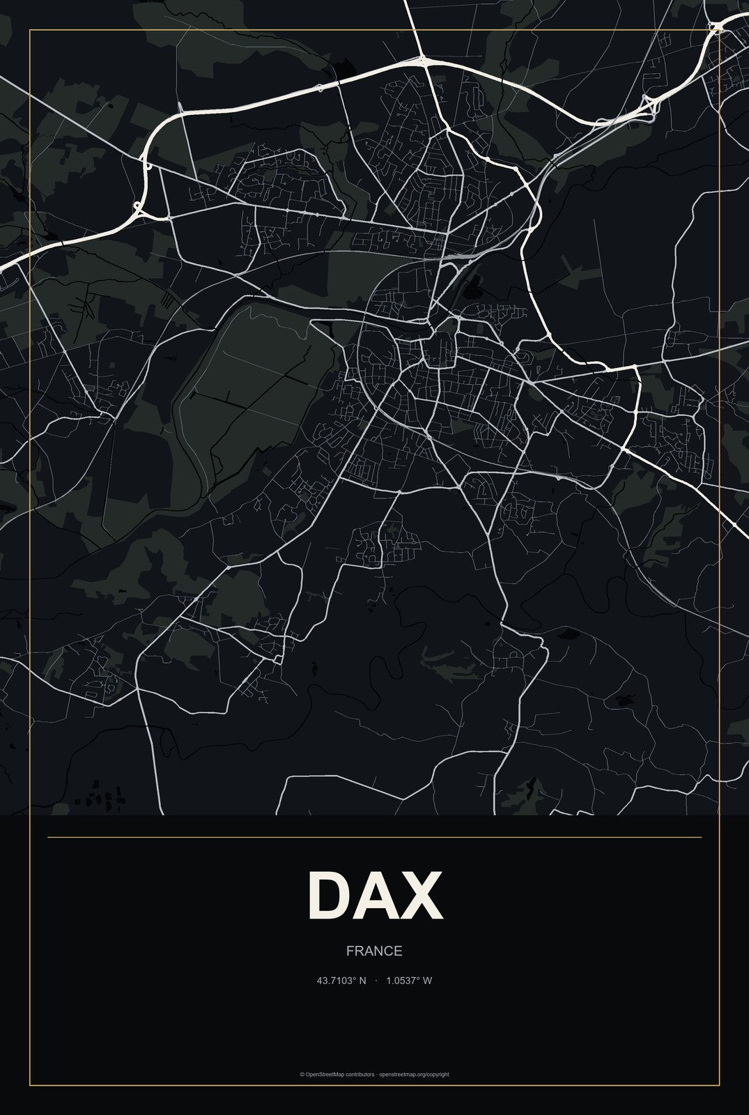 Dax, France City Map Aluminum Sign in Metropolitan Noir style