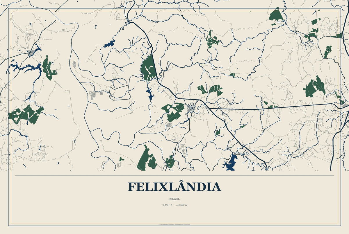 Felixlândia, Brazil City Map Aluminum Sign in Coastal Cutout style