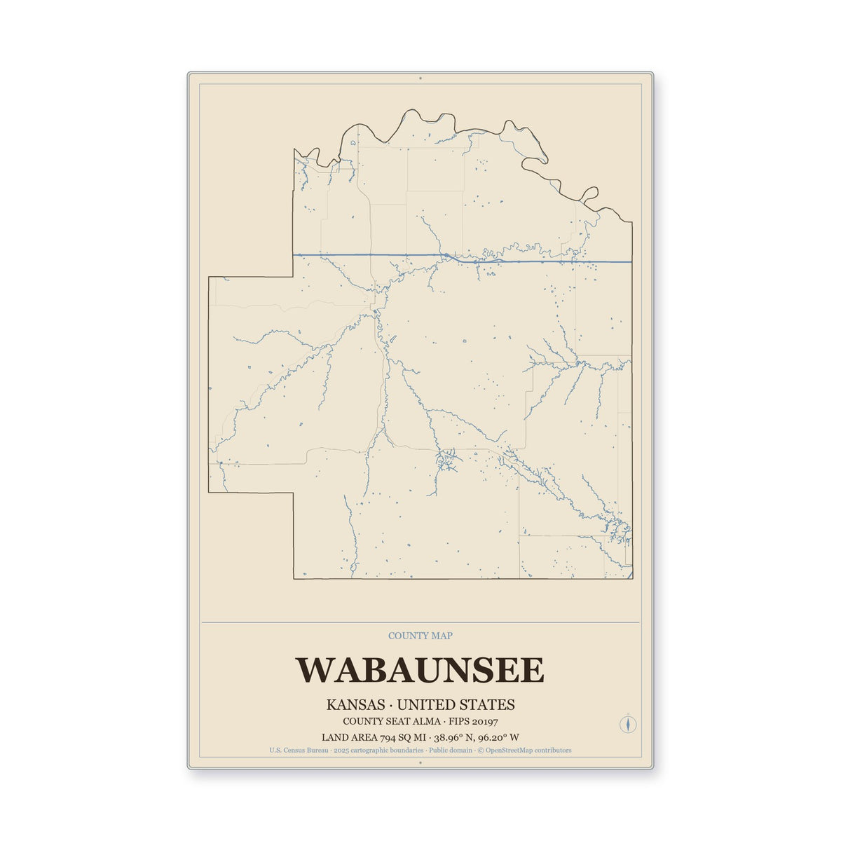Wabaunsee County, Kansas Map Aluminum Sign in Heritage Nautical style