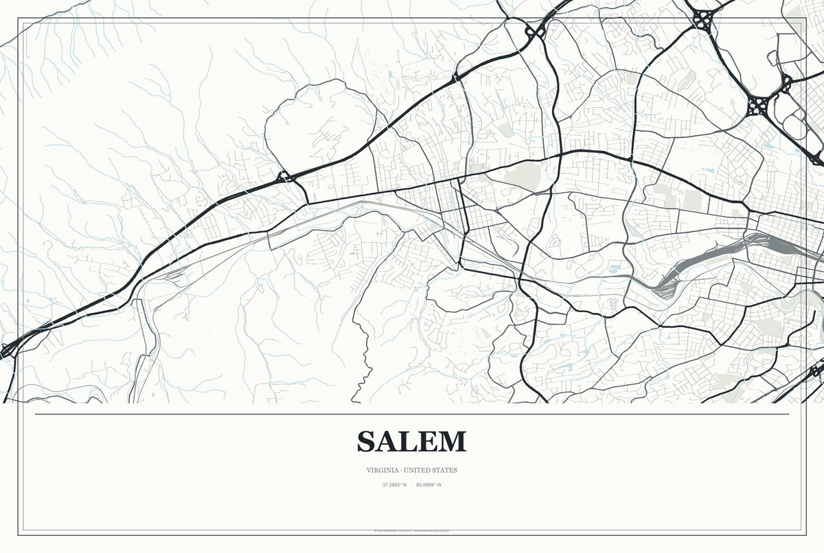 Salem, Virginia City Map Aluminum Sign in Gallery Air style