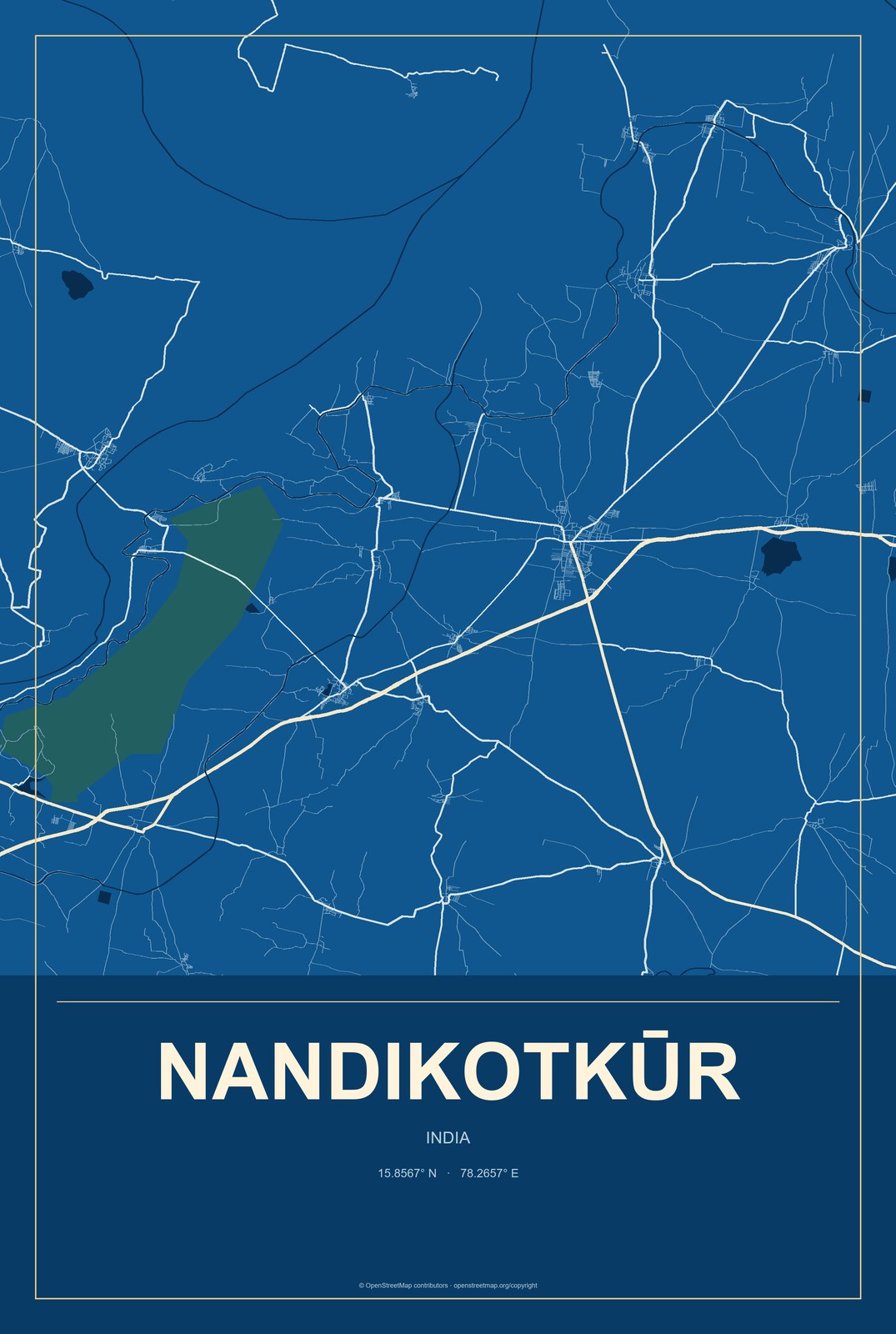 Nandikotkūr, India City Map Aluminum Sign in Harbor Cobalt style