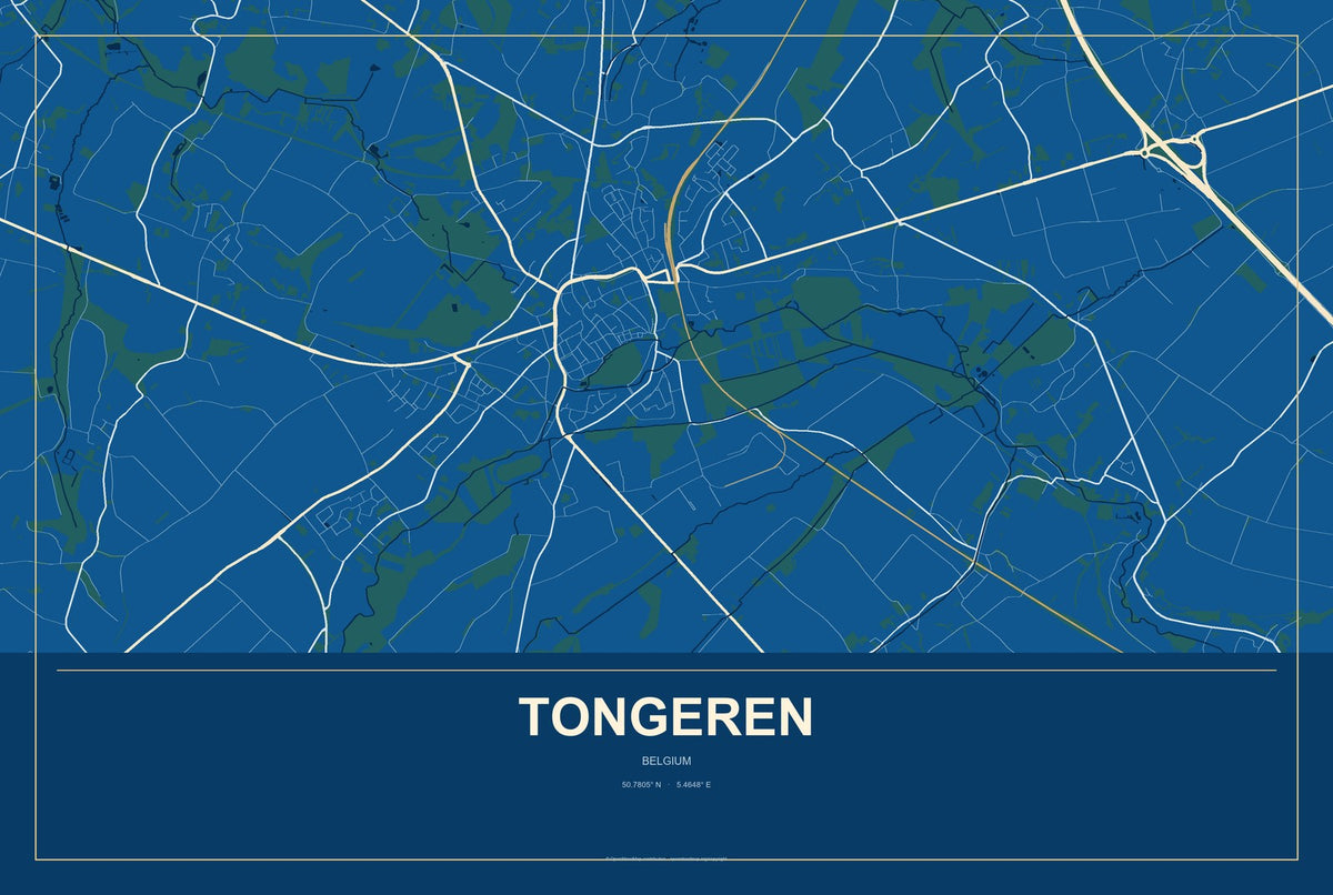 Tongeren, Belgium City Map Aluminum Sign in Harbor Cobalt style