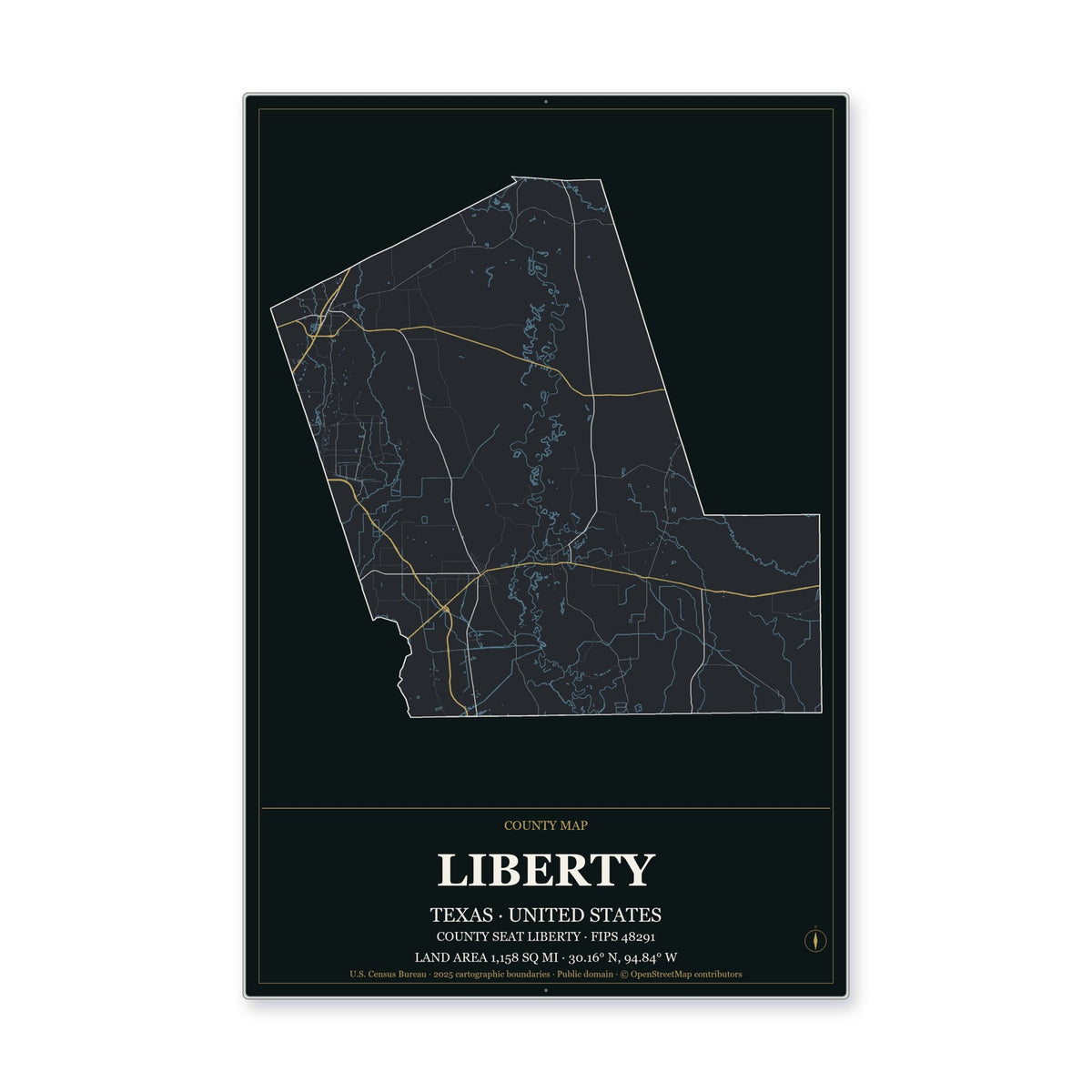 Liberty County, Texas Map Aluminum Sign in Metropolitan Noir style