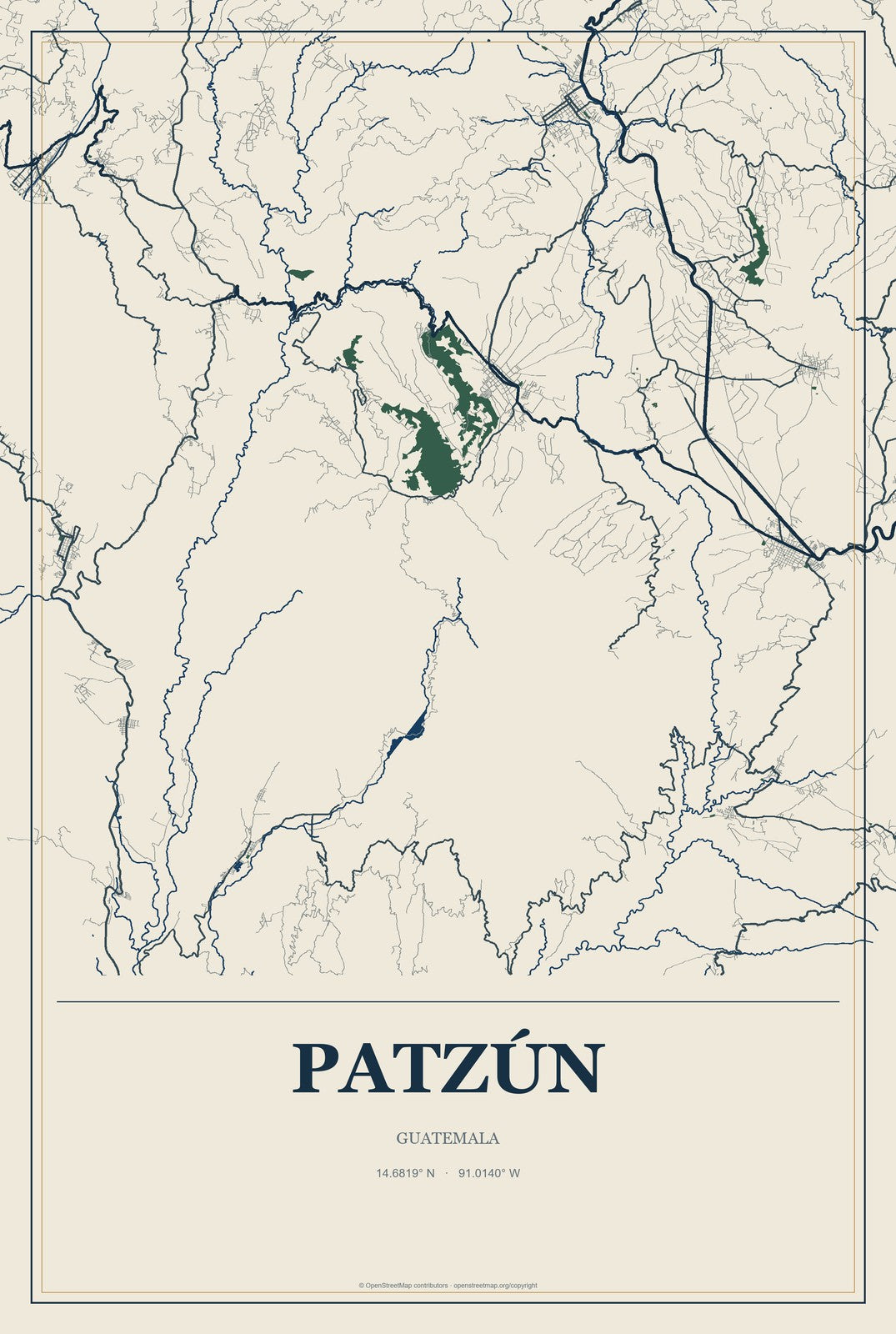 Patzún, Guatemala City Map Aluminum Sign in Coastal Cutout style
