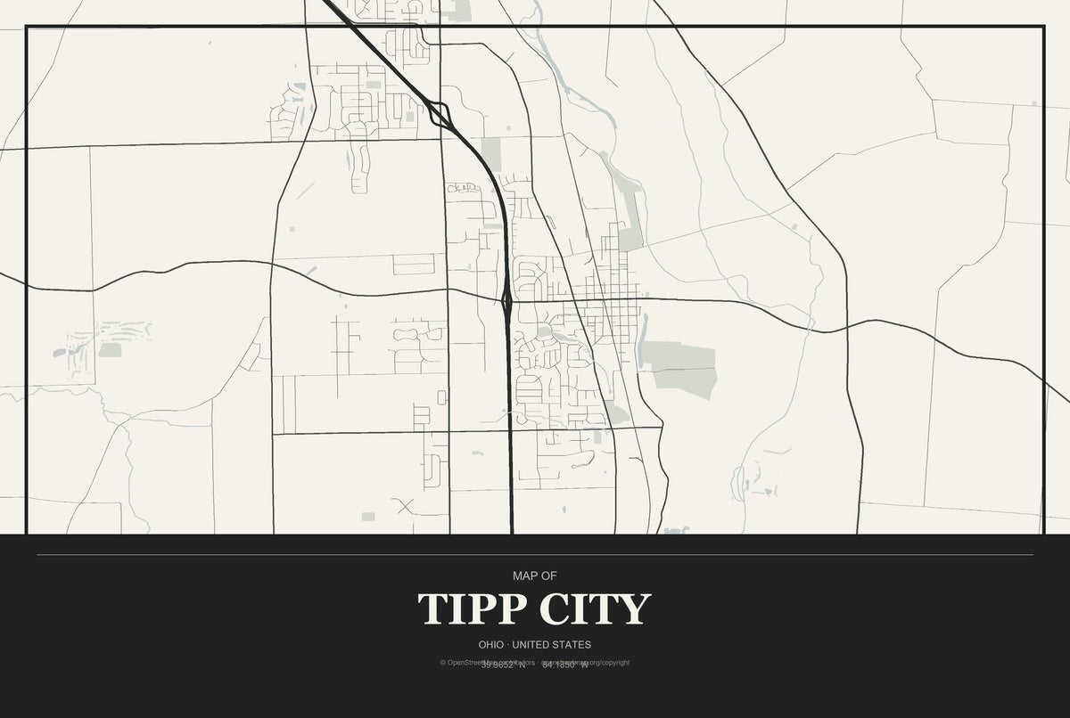Tipp City, Ohio City Map Aluminum Sign in Museum Plaque style