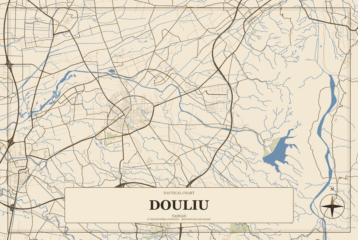 Douliu, Taiwan City Map Aluminum Sign in Heritage Nautical style