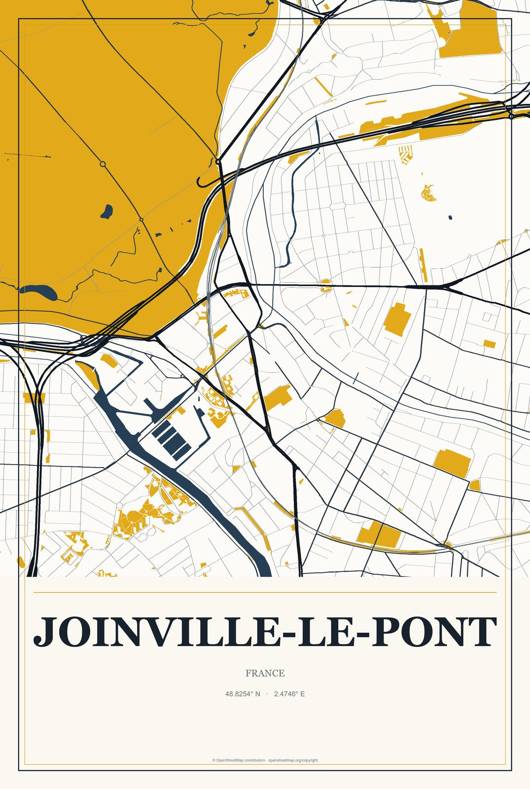 Joinville-le-Pont, France City Map Aluminum Sign in Citrine Modern style