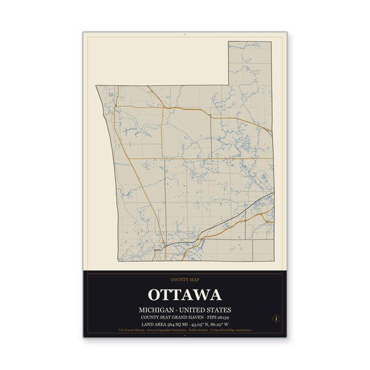 Ottawa County, Michigan Map Aluminum Sign in Museum Plaque style