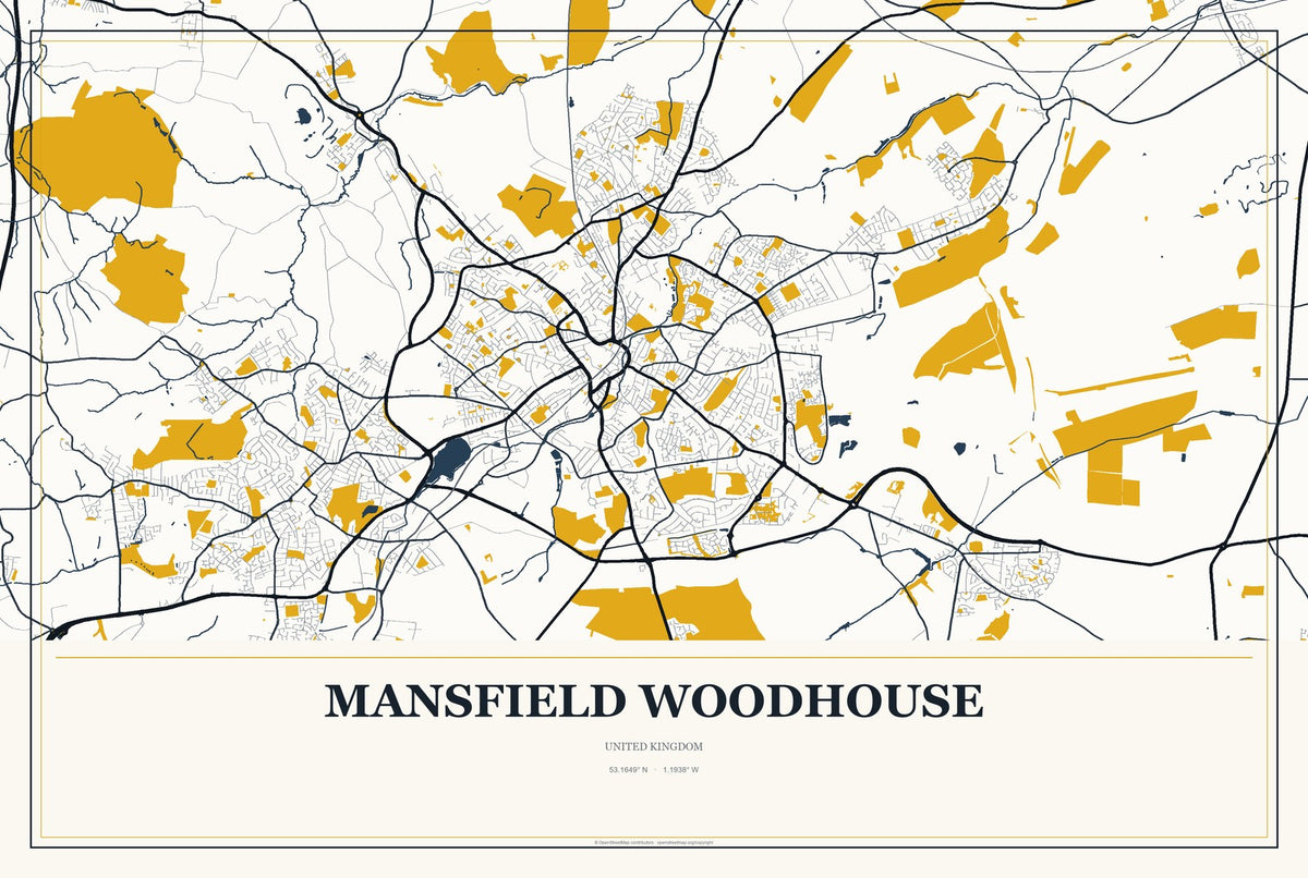 Mansfield Woodhouse, United Kingdom City Map Aluminum Sign in Citrine Modern style