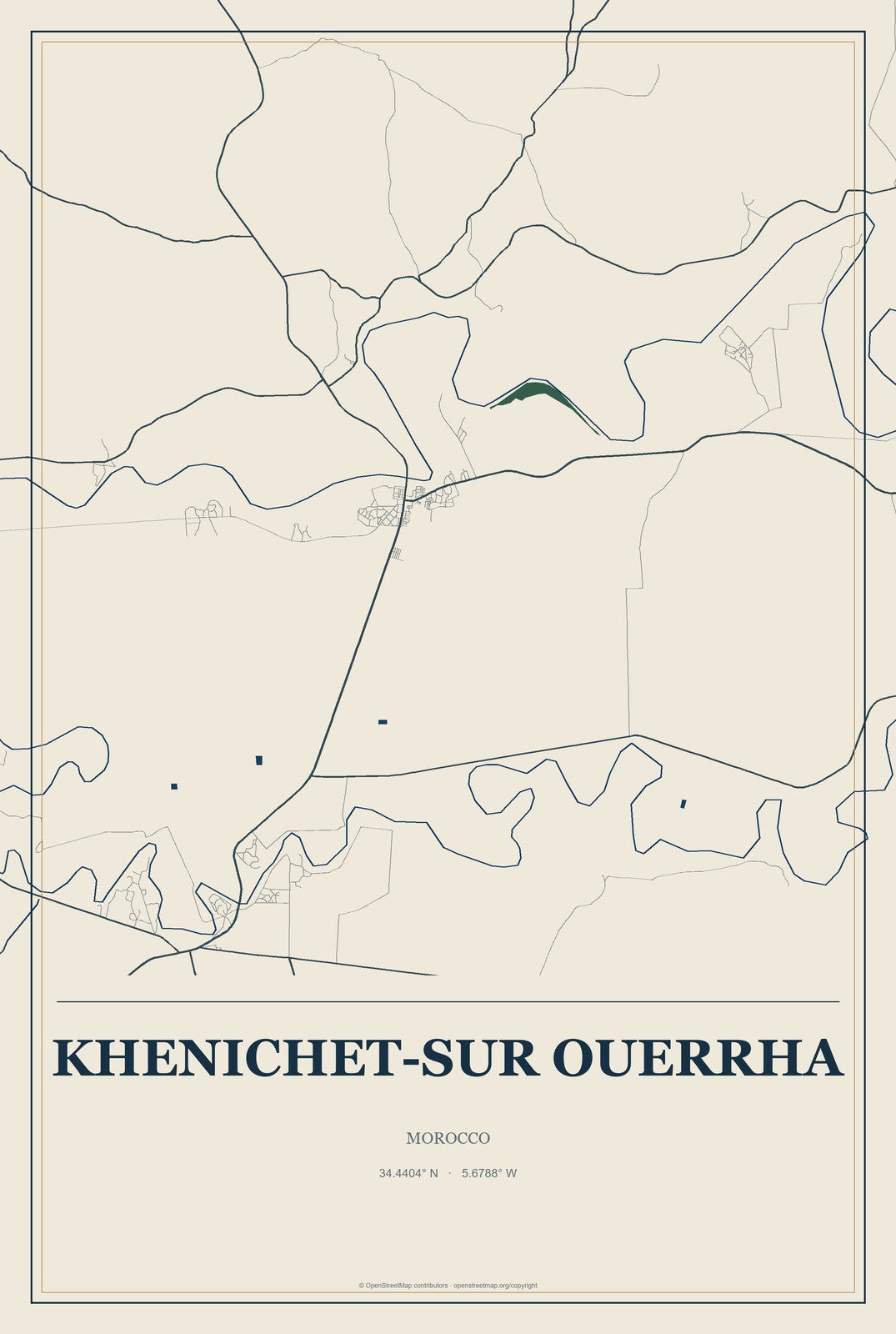 Khenichet-sur Ouerrha, Morocco City Map Aluminum Sign in Coastal Cutout style