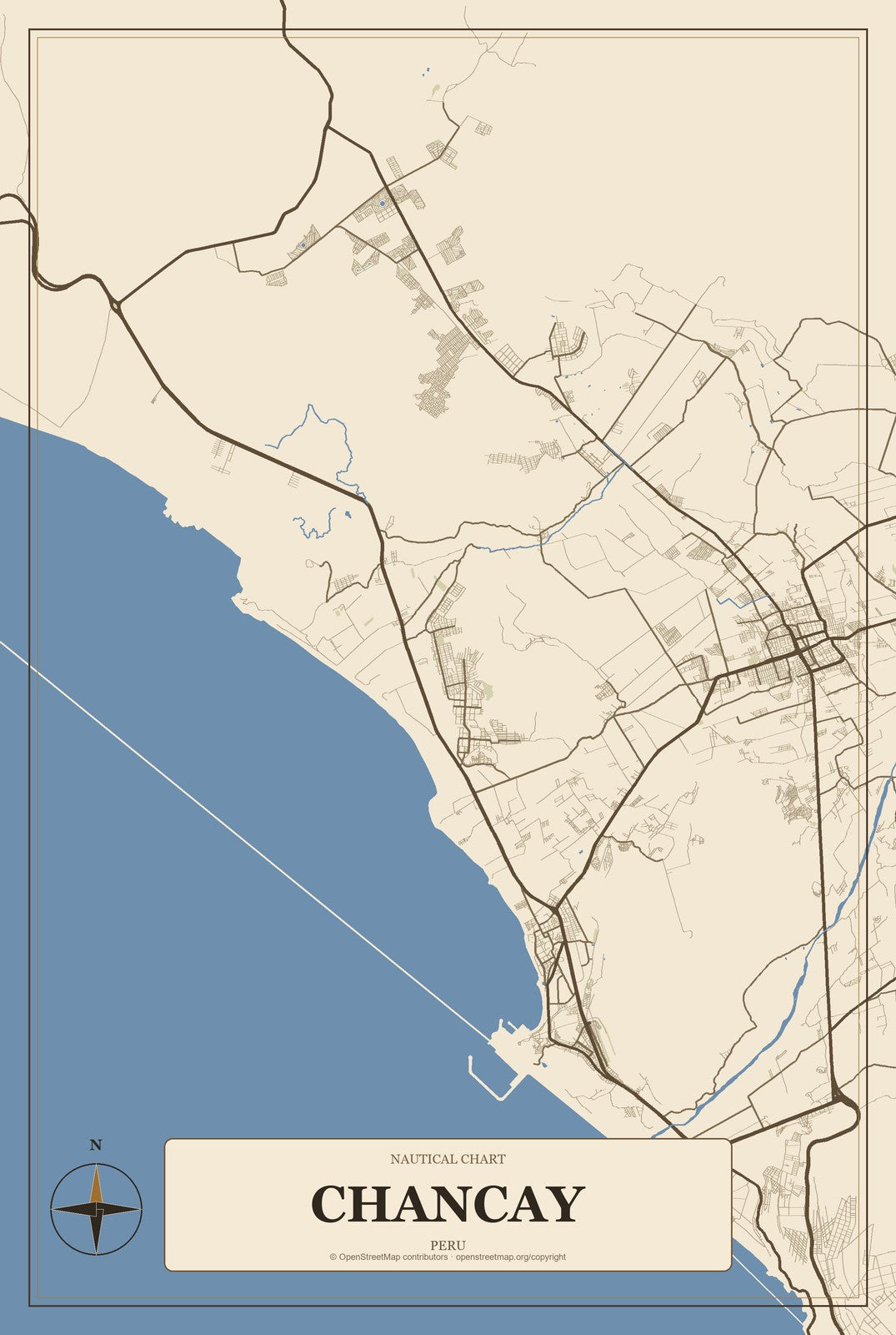 Chancay, Peru City Map Aluminum Sign in Heritage Nautical style