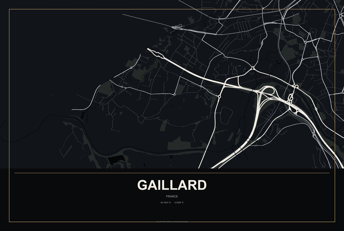 Gaillard, France City Map Aluminum Sign in Metropolitan Noir style