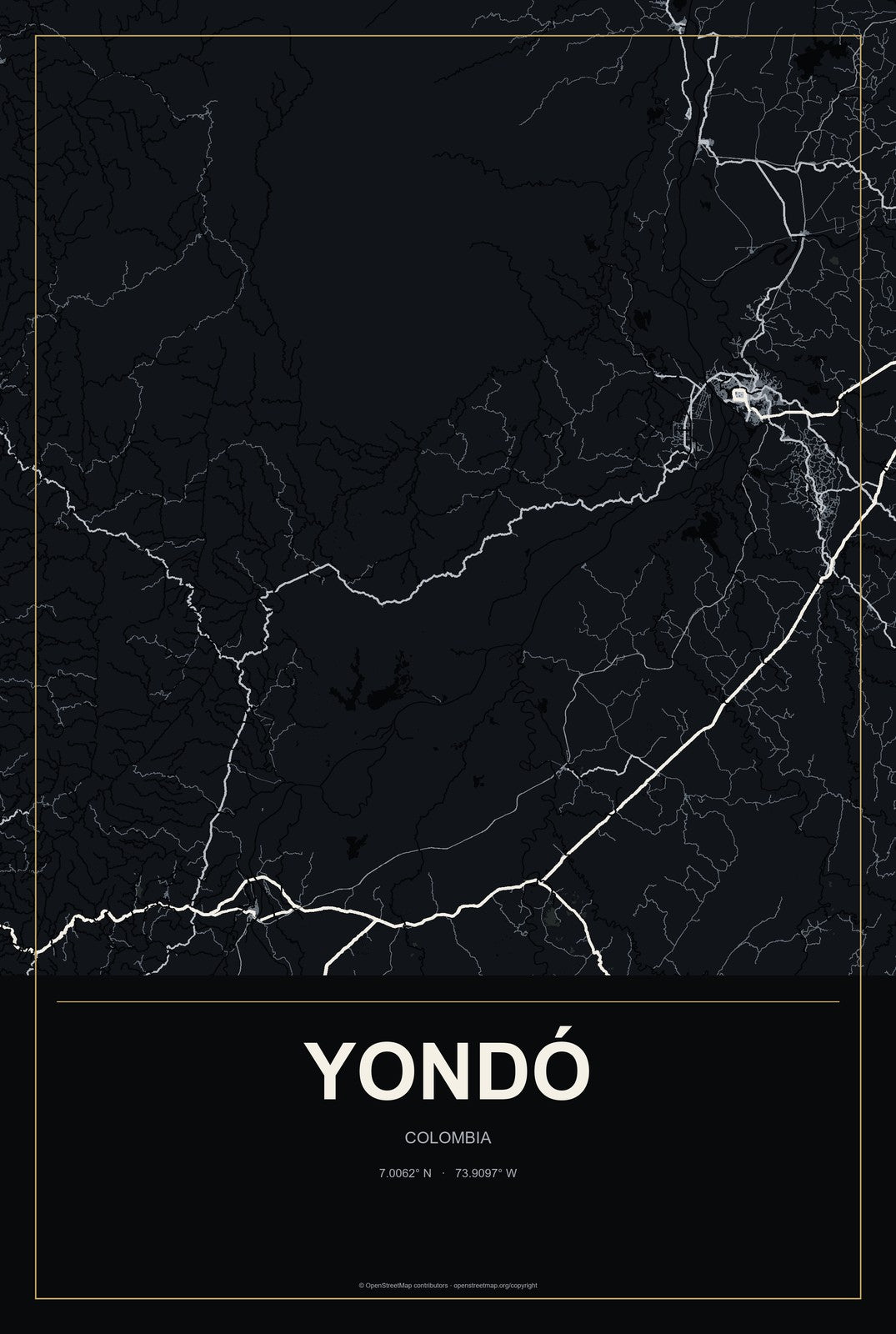 Yondó, Colombia City Map Aluminum Sign in Metropolitan Noir style