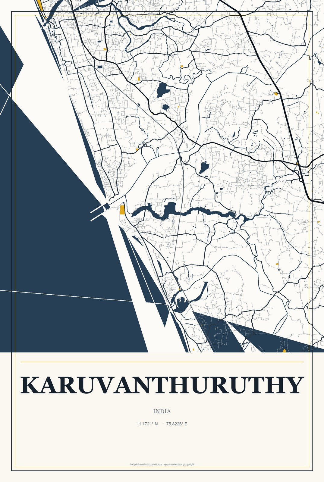 Karuvanthuruthy, India City Map Aluminum Sign in Citrine Modern style
