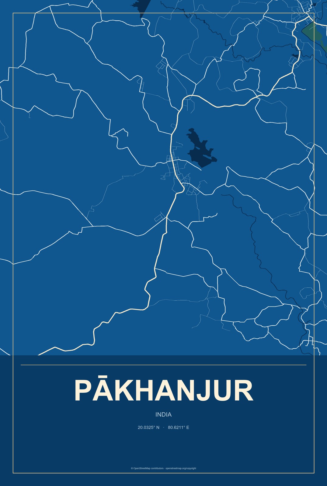 Pākhanjur, India City Map Aluminum Sign in Harbor Cobalt style
