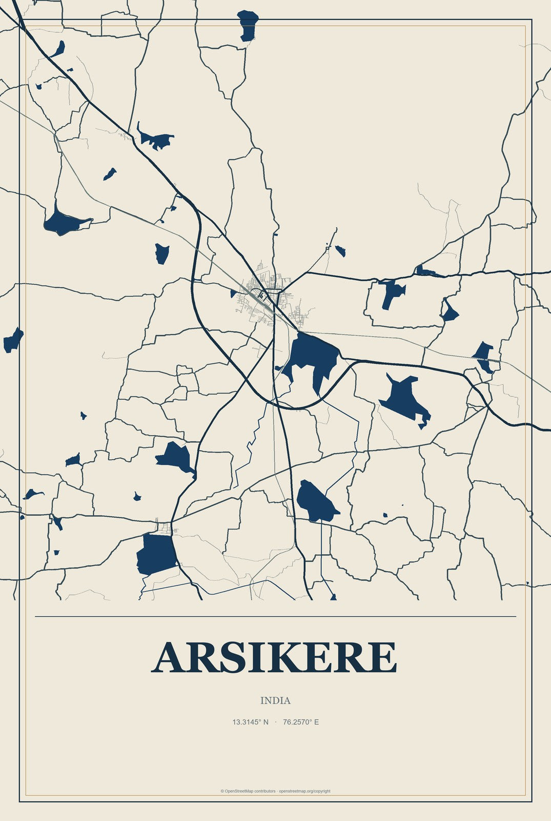 Arsikere, India City Map Aluminum Sign in Coastal Cutout style