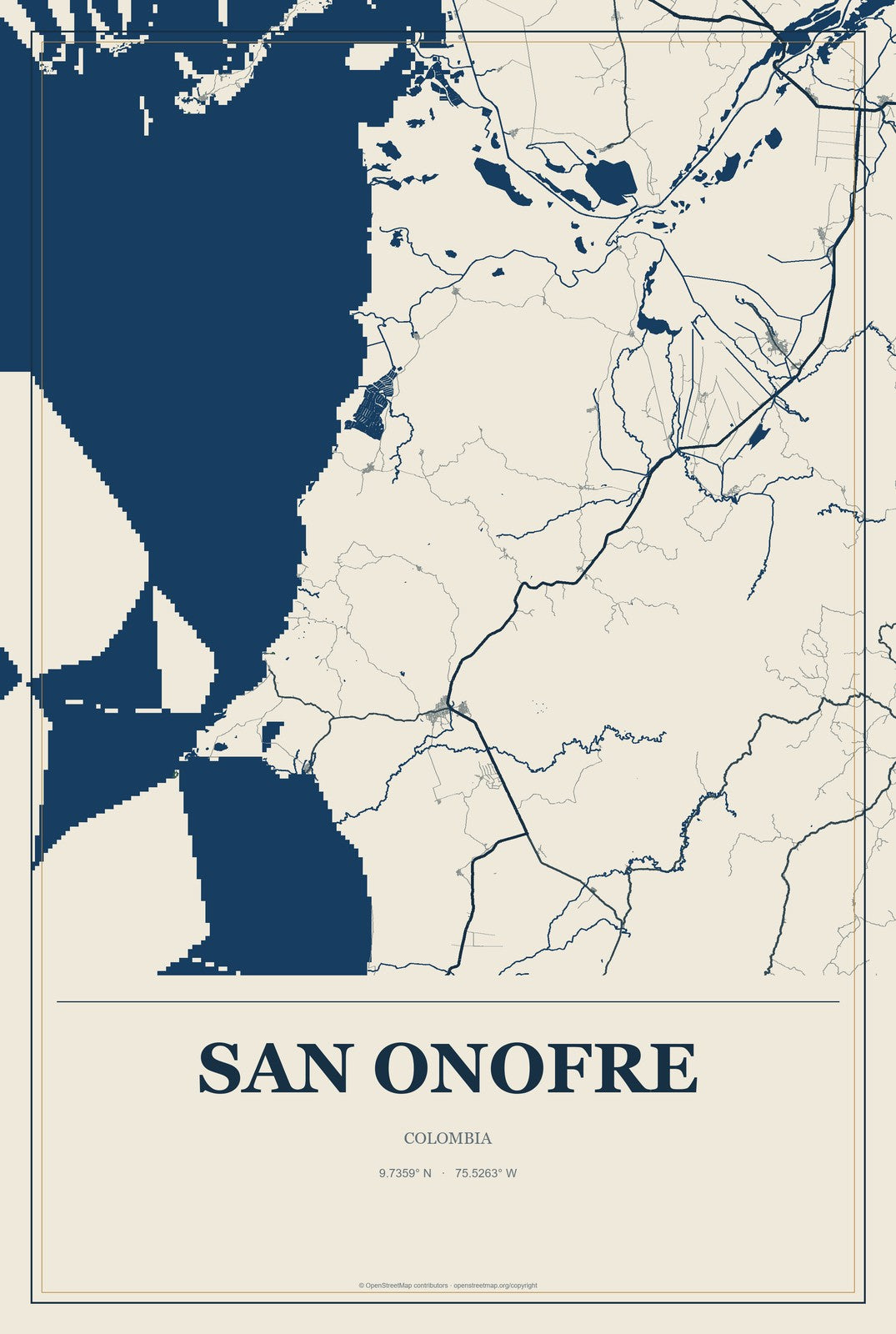San Onofre, Colombia City Map Aluminum Sign in Coastal Cutout style
