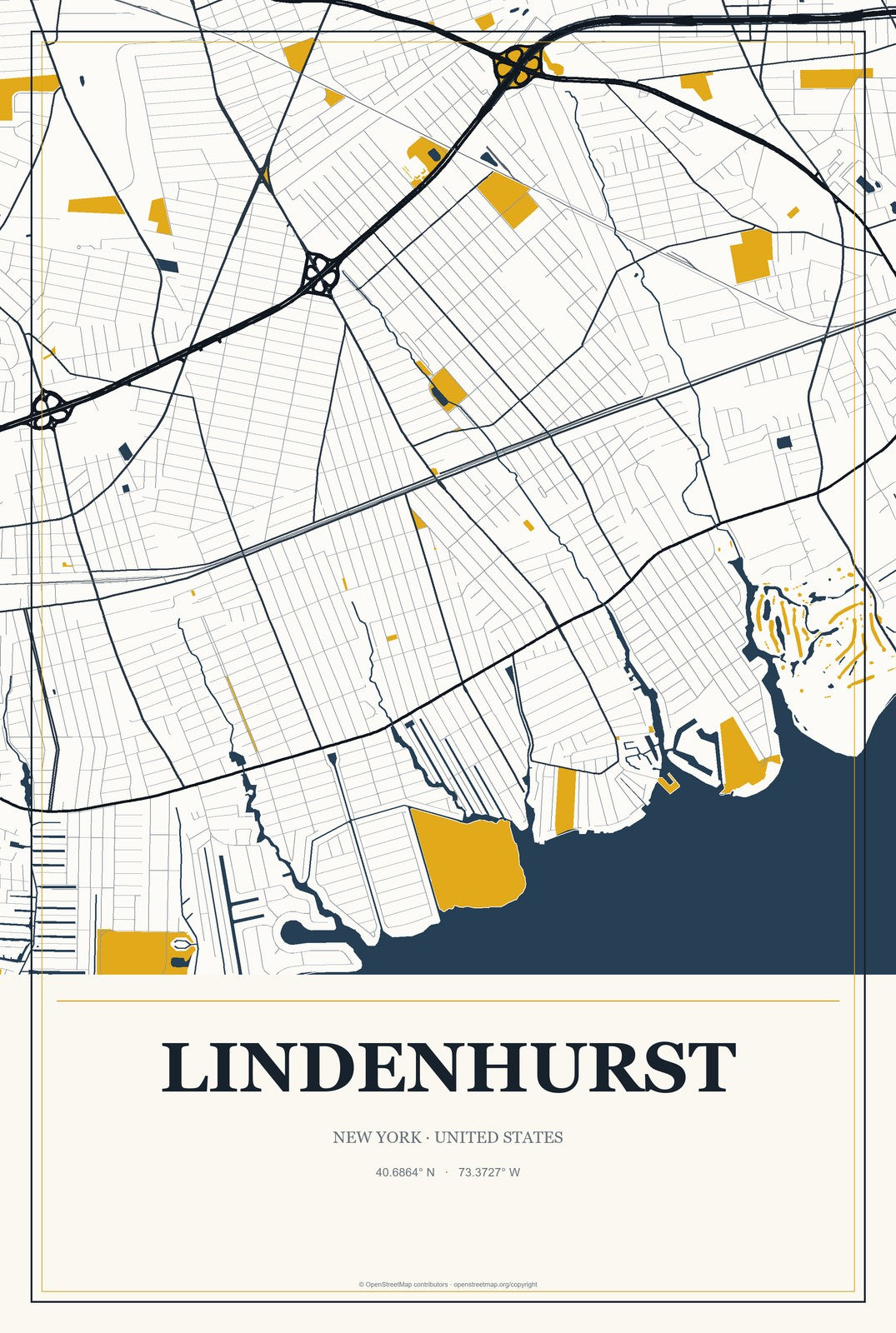 Lindenhurst, New York City Map Aluminum Sign in Citrine Modern style