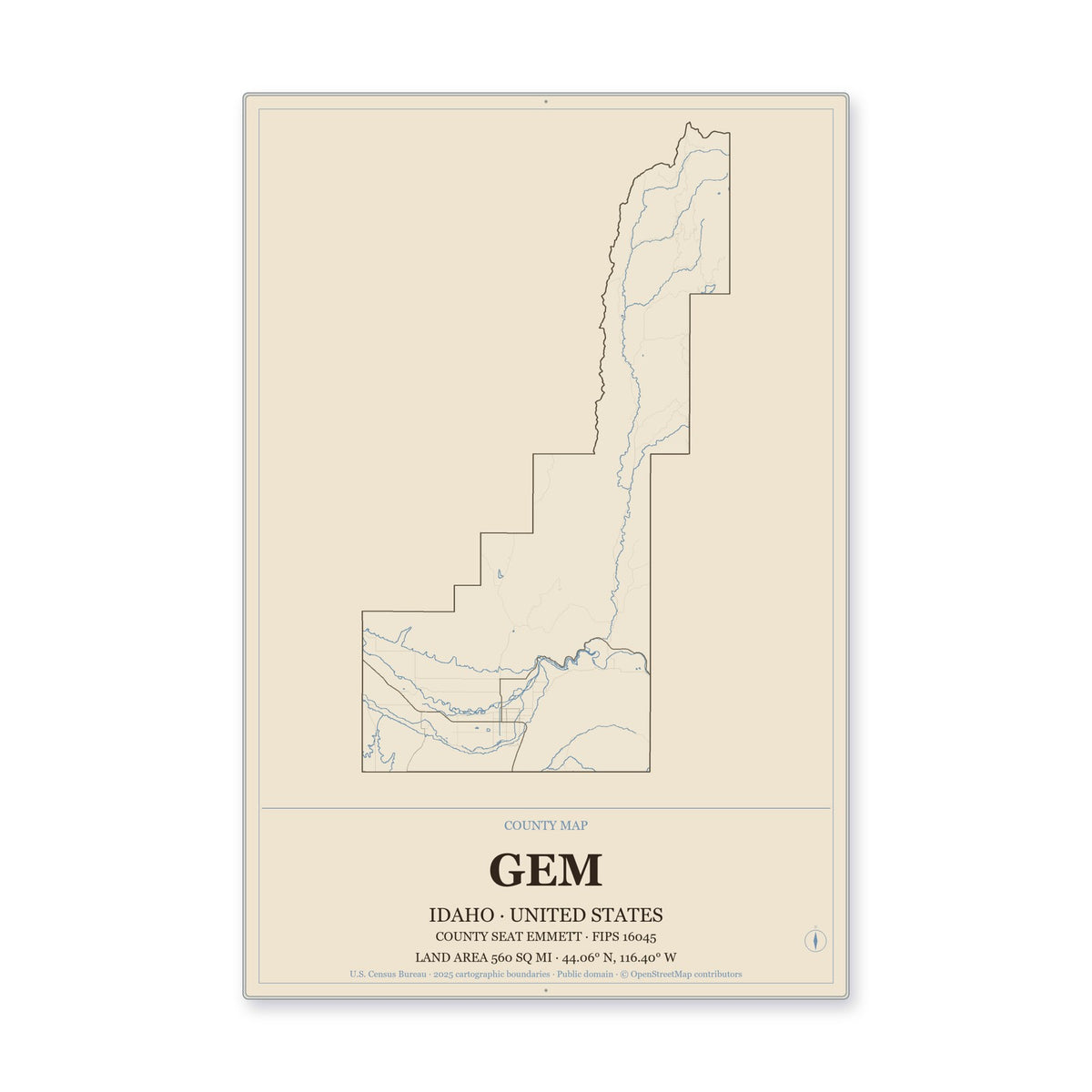 Gem County, Idaho Map Aluminum Sign in Heritage Nautical style