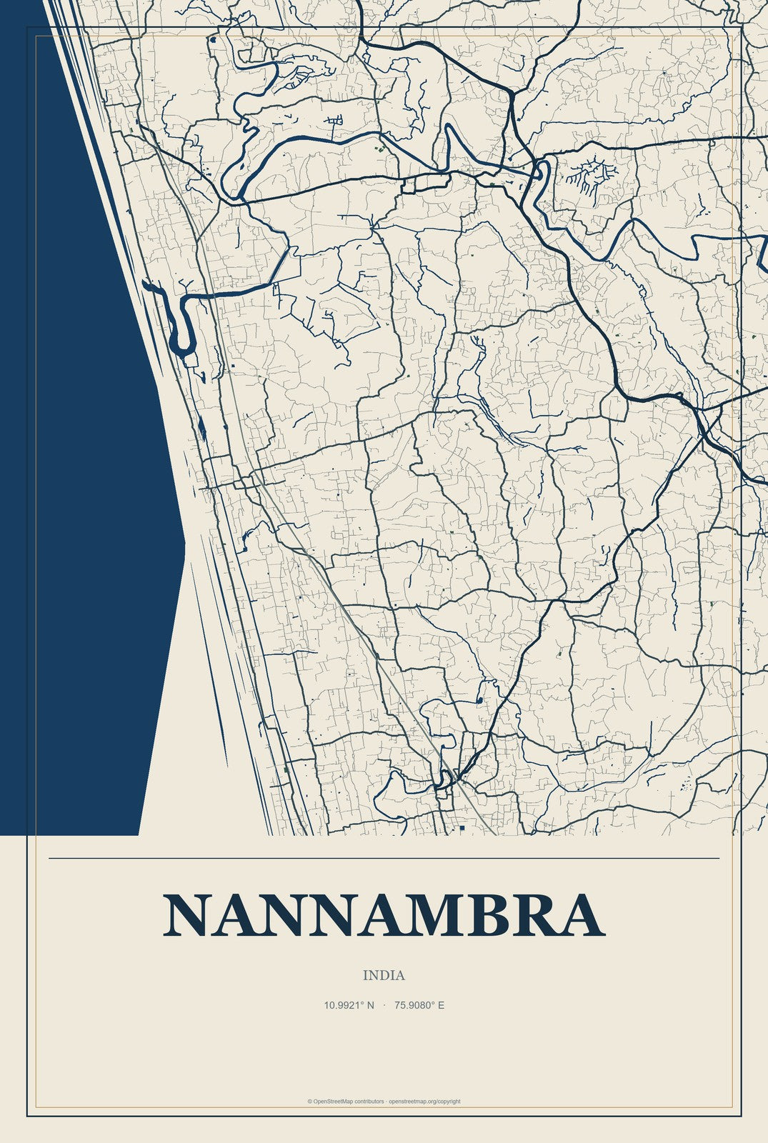 Nannambra, India City Map Aluminum Sign in Coastal Cutout style