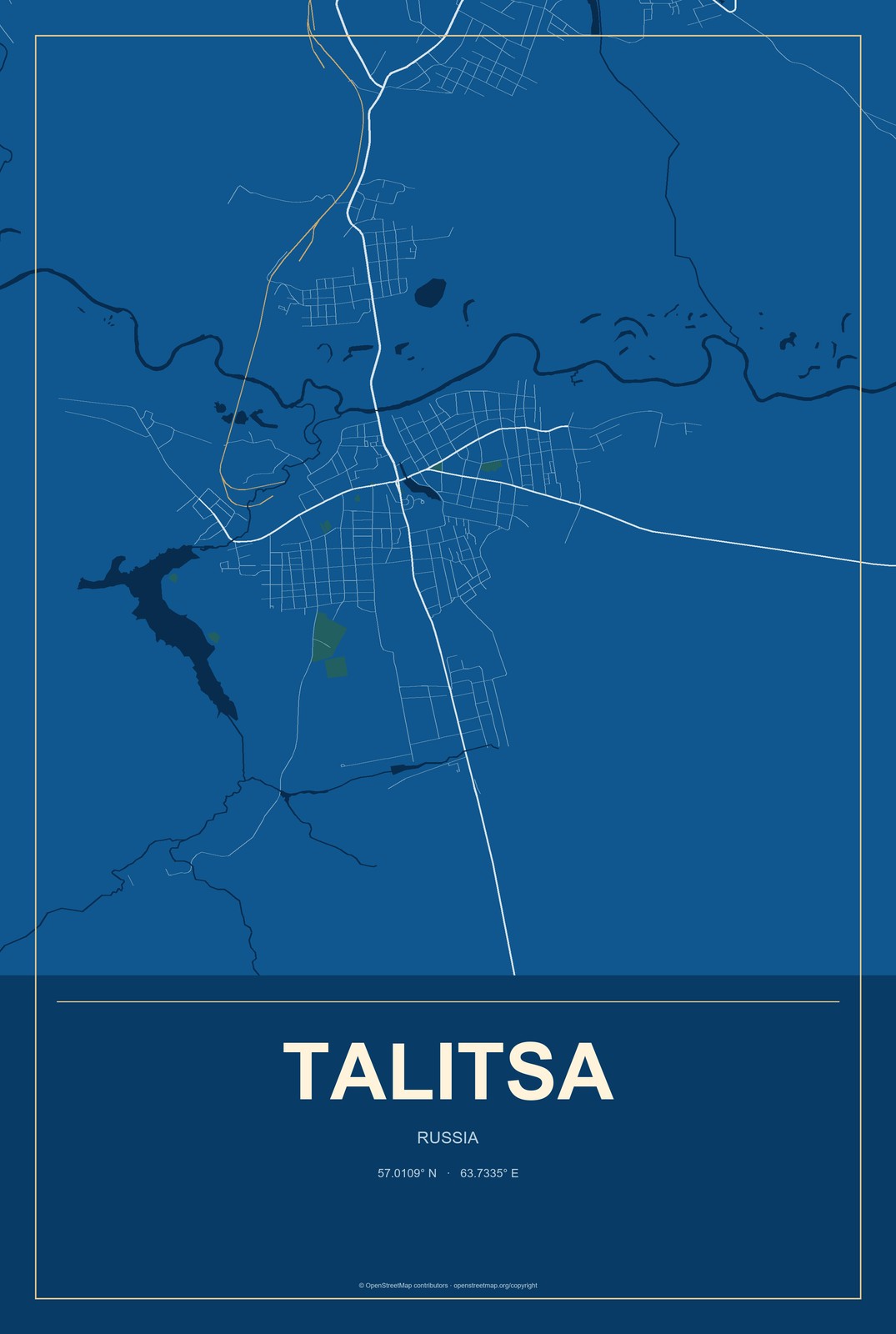 Talitsa, Russia City Map Aluminum Sign in Harbor Cobalt style