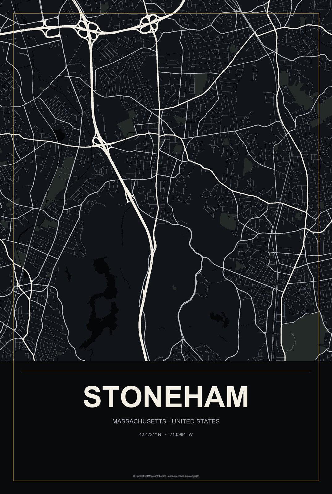 Stoneham, Massachusetts City Map Aluminum Sign in Metropolitan Noir style
