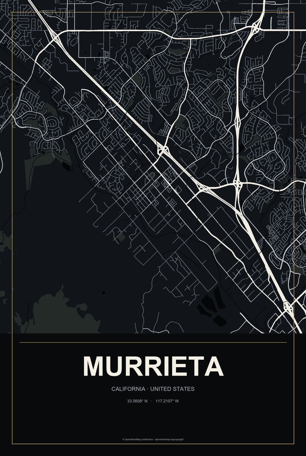Murrieta, California City Map Aluminum Sign in Metropolitan Noir style