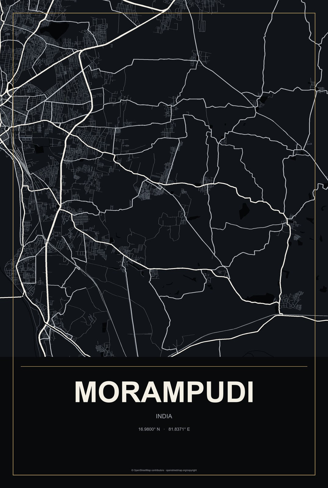 Morampudi, India City Map Aluminum Sign in Metropolitan Noir style