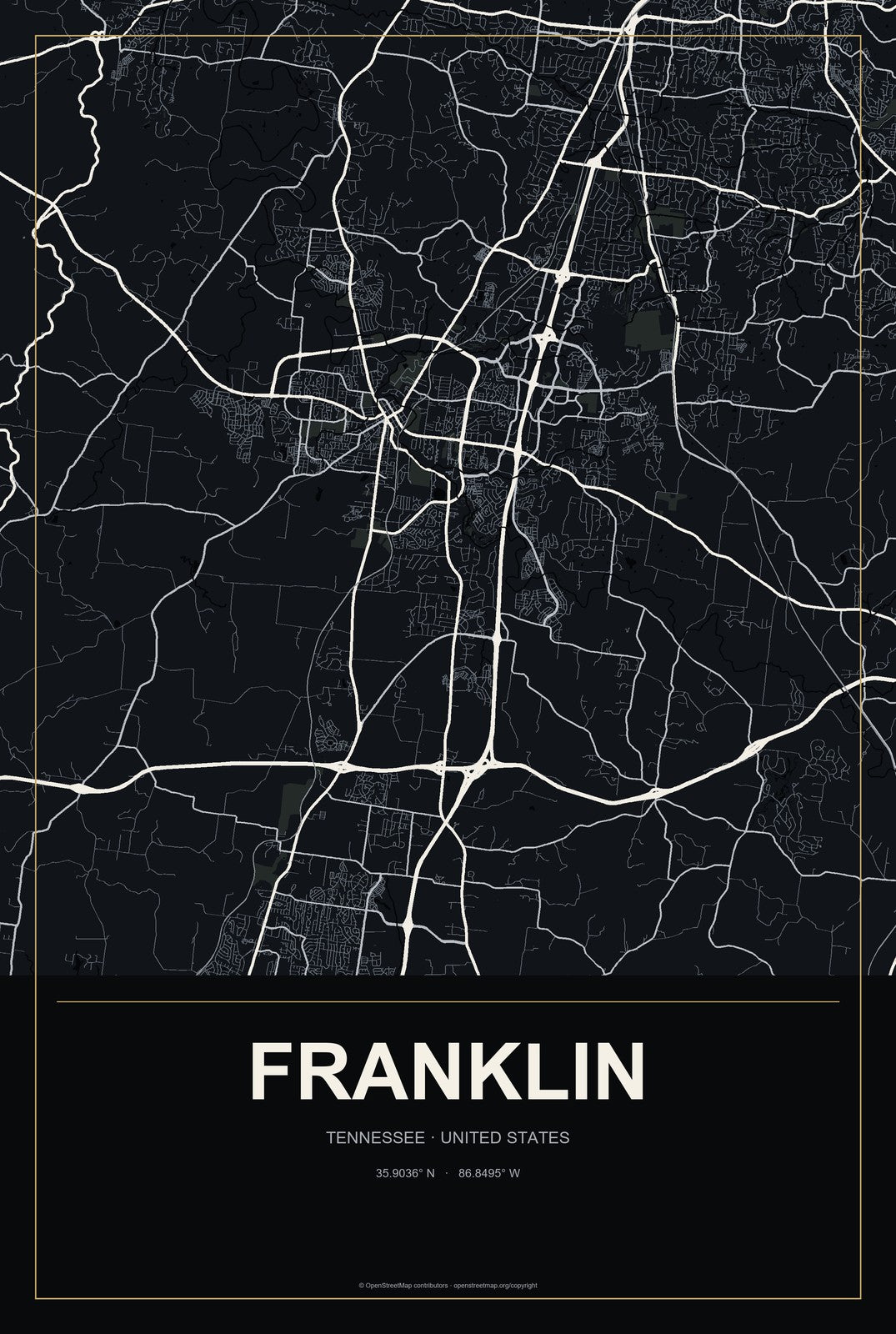 Franklin, Tennessee City Map Aluminum Sign in Metropolitan Noir style