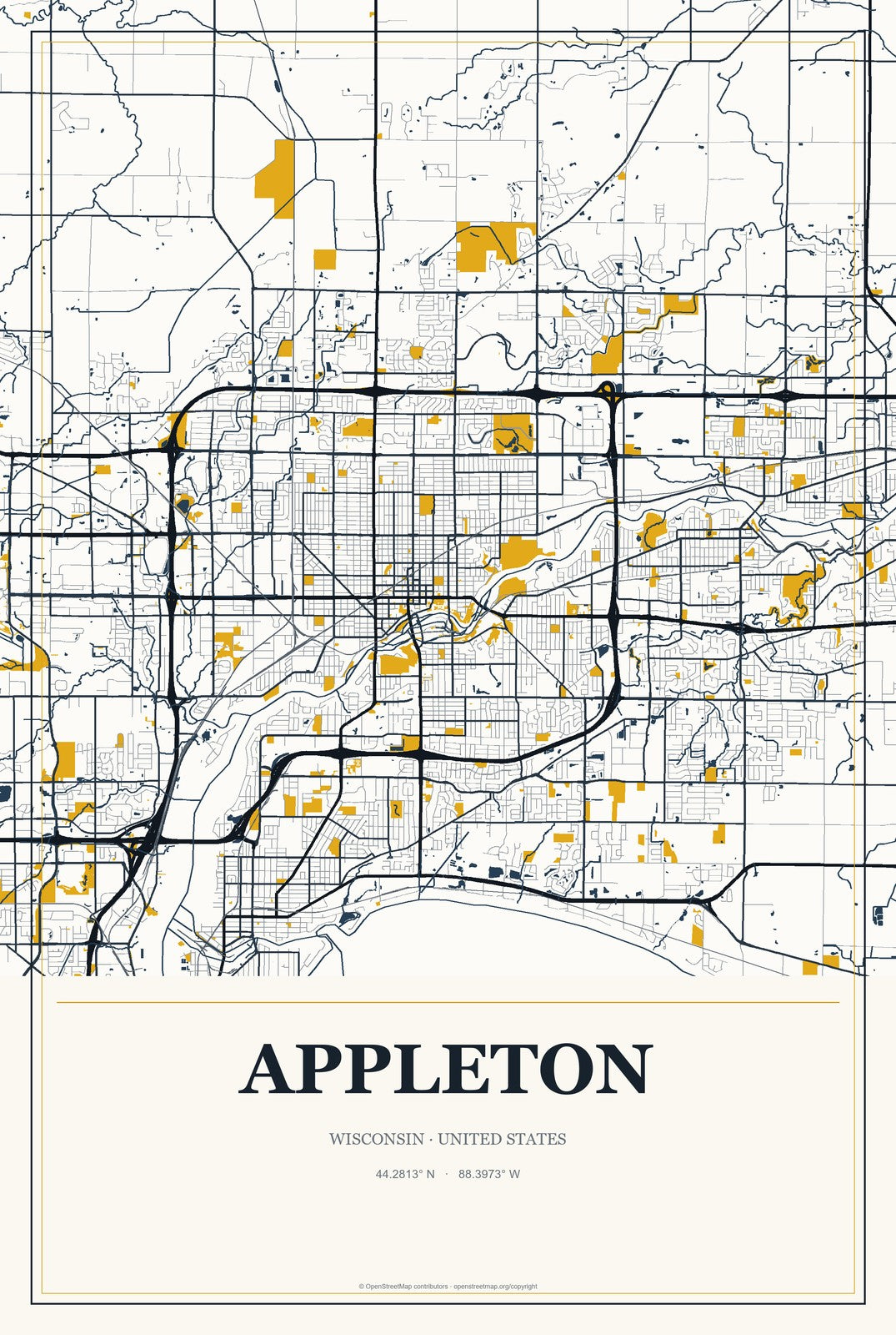 Appleton, Wisconsin City Map Aluminum Sign in Citrine Modern style