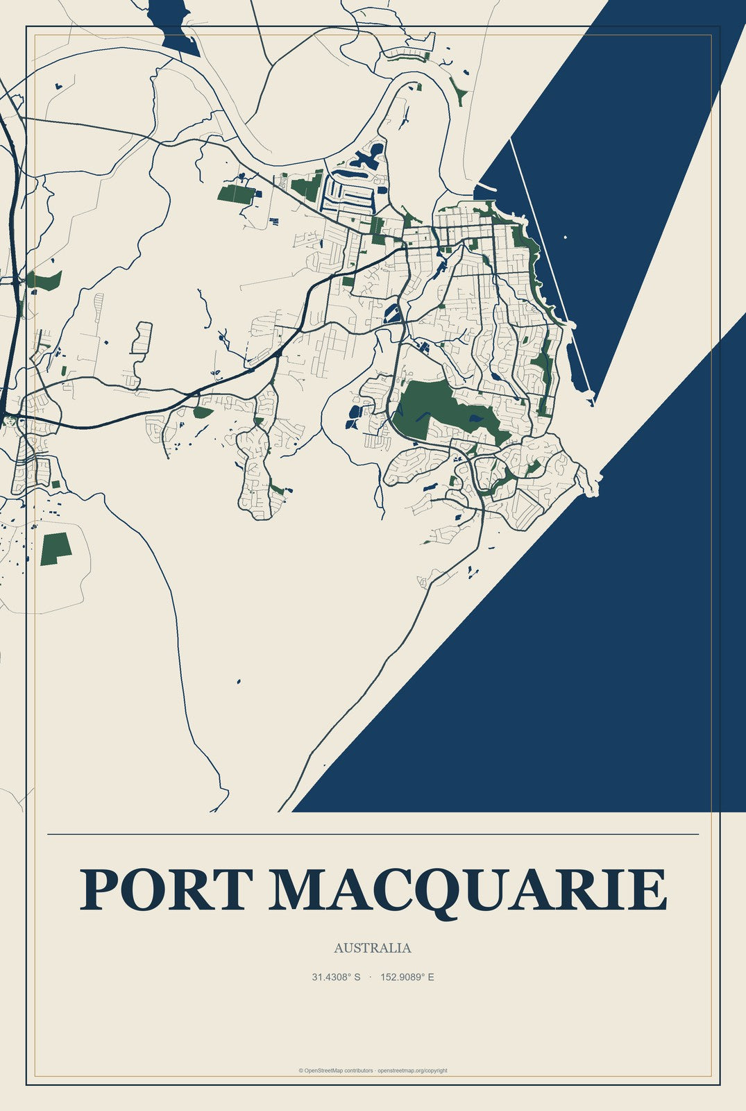 Port Macquarie, Australia City Map Aluminum Sign in Coastal Cutout style